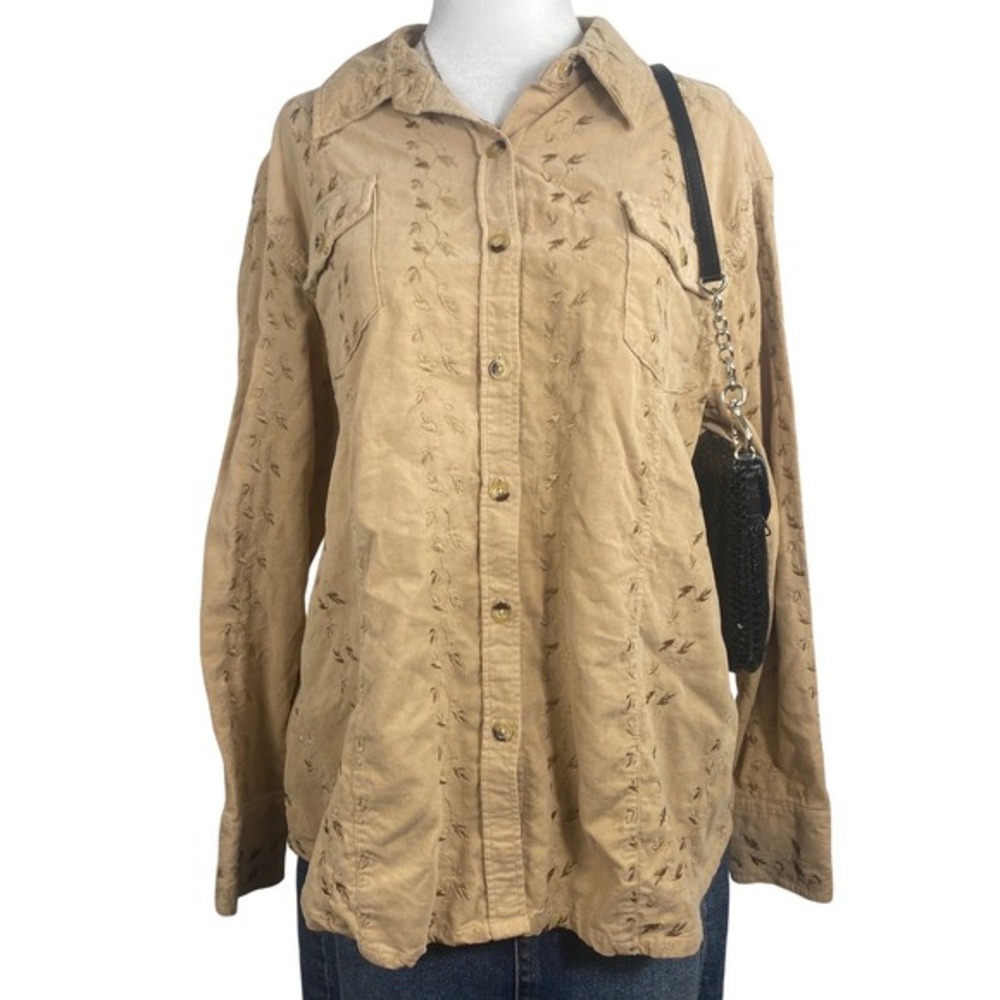Duck Head Button Up Shirt Womens 1X Tan Corduroy Embroidered Western Cottagecore